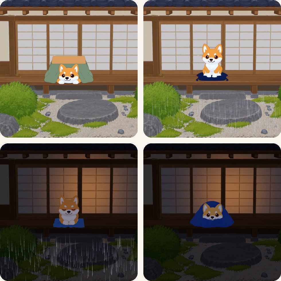 ウィジェットの 4 つの場面。こたつに入ったこむぎ、雨の縁側のこむぎ、夜の雨のなかで、たたんだ毛布の上に伏せて眠るこむぎ、夜に毛布にもぐるこむぎ